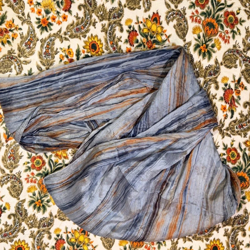 Lua 100% Silk Infinity Scarf Crinkled Abstract‎ Stripe Blue Orange Grey Vietnam